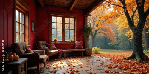 Rustic autumnal cabin, red walls, fallen leaves , exterior, idyllic