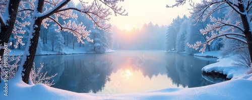 Softly falling snow blankets a serene frozen lake, sparkling frost on branches , winter backdrop, subtle, cold