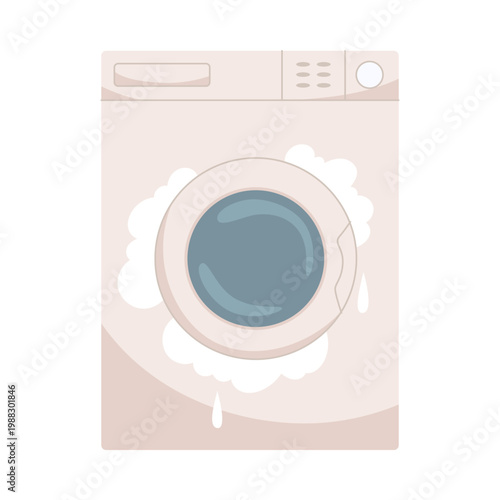 Isolated broken washing machine leaking foam and water, perfect for repair or maintenance concepts vector illustration