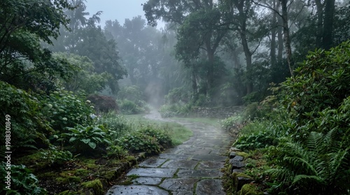 Misty Pathway Through Lush Green Forest in Early Morning Light