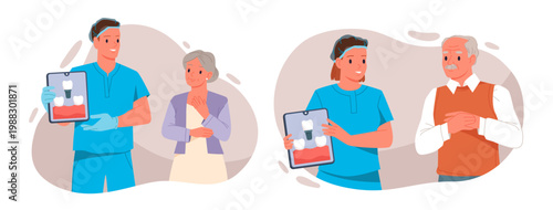 Dentists explaining dental prosthetics options to elderly patients, showing implant diagrams and discussing treatment plans, healthcare and dentistry concept, isolated on white background vector