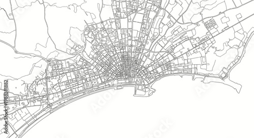 Minimalist City Street Map Vector Illustration of Coastal Urban Layout with Detailed Road Network Grid for Geographic Planning and Cartographic Design Projects