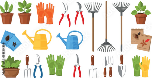 Gardening Tools, Plants, and Accessories Including Watering Cans, Gloves, and Pruners for Gardening, Outdoor, and Plant Care Illustrations