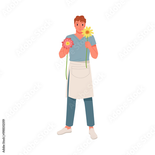 Smiling man florist in apron holding flowers isolated on white background vector illustration