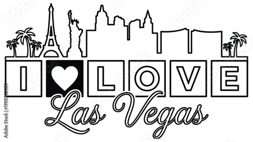 Las Vegas skyline with text i love las vegas and landmark icons on white.