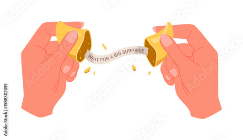 Two hands break an isolated fortune cookie revealing a surprise message on a white background vector illustration