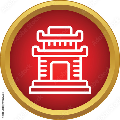 White outline of a traditional asian pagoda building on a glossy red circle with a gold rim