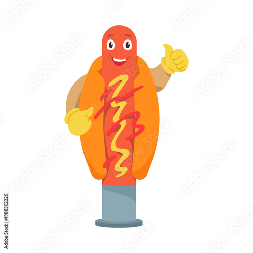 Cheerful inflatable hot dog mascot giving thumbs up, isolated on white background vector illustration