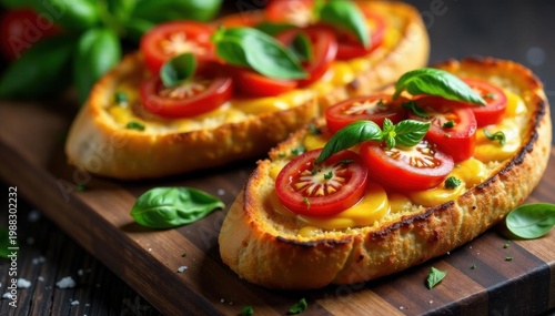 Toasted bread, vibrant toppings, rustic Italian style, plate, balsamic glaze