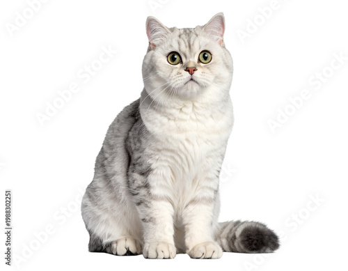 Soft grey and white domestic cat sitting calmly on plain background