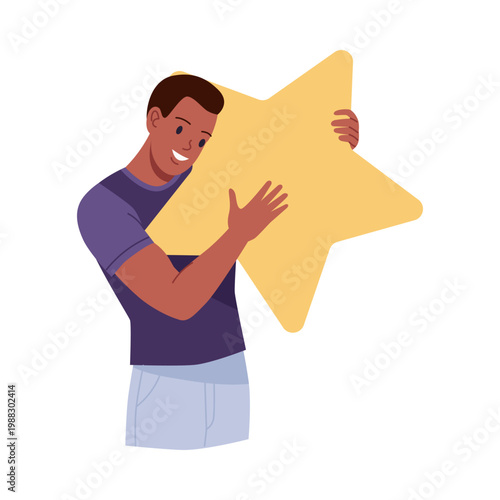 Happy young man embraces big yellow star on white isolated background vector illustration