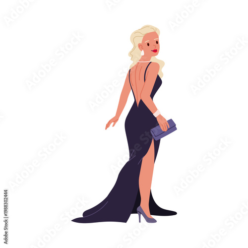 Blonde woman in glamorous black dress holding clutch, perfect for premiere or gala, isolated vector illustration