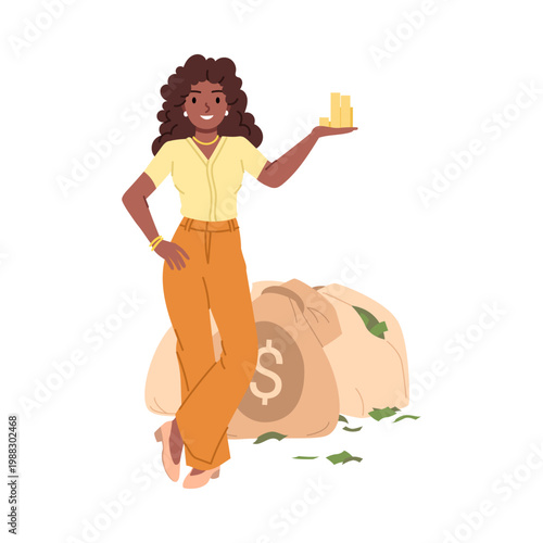Smiling woman holding gold coins standing by large money bags isolated on white vector illustration