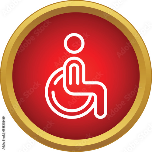 White outline of a person in a wheelchair on a red circular button with a gold rim