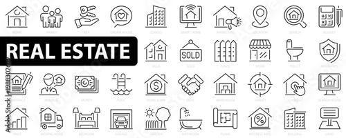 Real Estate 36 icon set. House icons. Included the icons as realty, property, mortgage, home loan, building, mortgage, address, renovation, land and more. Vector illustration