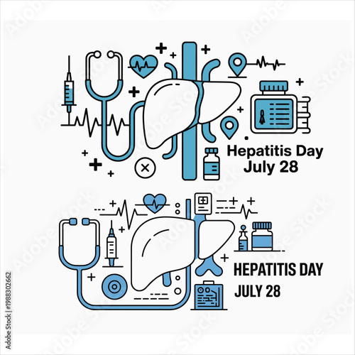 Blue and white hepatitis day awareness ribbon with medical