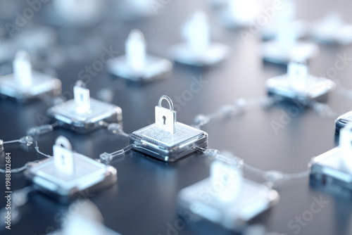 Digital lock icon on transparent blocks connected in network, symbolizing secure data protection
