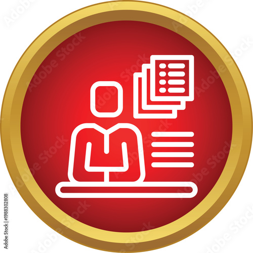 Business person icon managing paperwork and administrative tasks at a desk, surrounded by documents