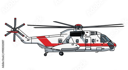 Modern Twin Engine Helicopter with Red Stripe and White Body, Side View
