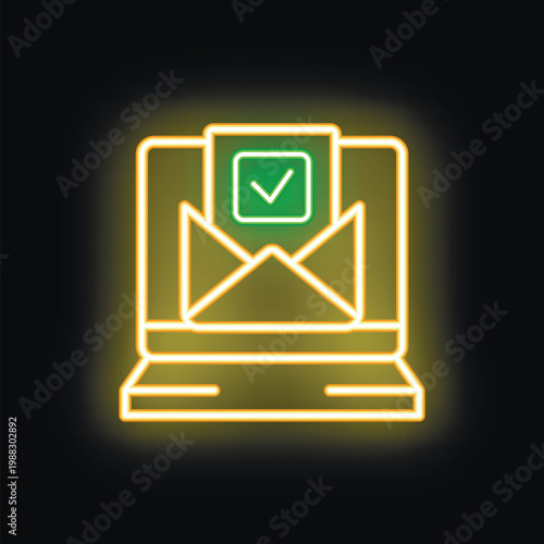 Neon icon representing an email validation process on a laptop, symbolizing online confirmation, approval, or successful delivery of electronic messages