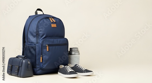 Backpack with smaller bag shoes and thermos on a plain background for travel or school use isolated on white background