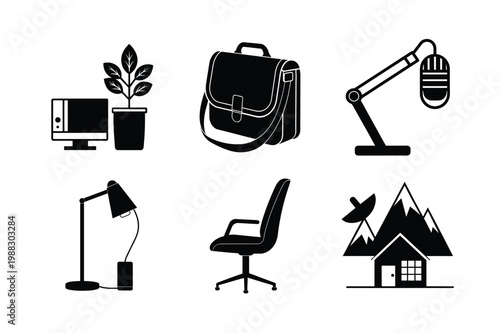 Home Office and Remote Work Workspace Flat Icons Set