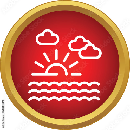 Sun rising or setting above ocean waves with clouds, weather symbol