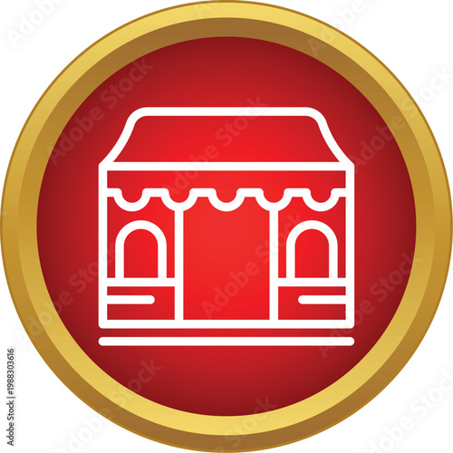 Outline drawing of a market stall or small store against a red circular background