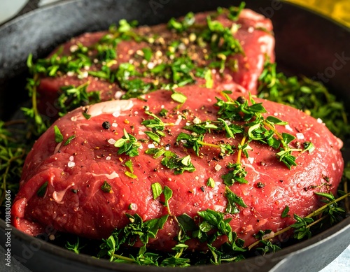 Raw steak seasoned with herbs and spices in a cast iron pan