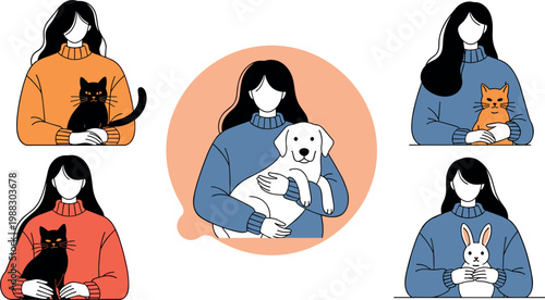 Illustration of a Person Holding Various Pets (Cat, Dog, Rabbit) for Animal, Pet Care, and Lifestyle Designs