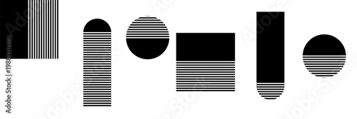 Isolated geometric shapes: square, circle, rectangle. The color is black and white with small stripes. Striped geometric shapes in half. Vector graphics.