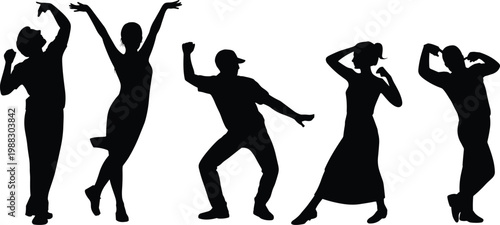 Collection of black silhouettes featuring happy young people dancing and celebrating in various energetic poses for youth lifestyle party success and community marketing projects.