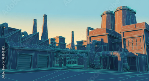 Ruined industrial complex against a clear sky at sunset.