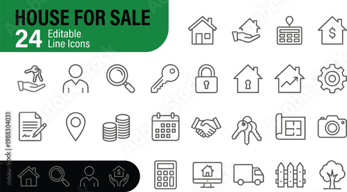 A collection of editable line icons related to house for sale, including symbols for real estate, property, and home. This vector illustration is suitable for marketing, advertising, and business use.