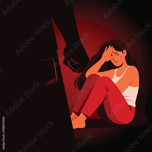 Domestic Violence Concept Illustration, Frightened Woman Protecting Herself from Aggressive Shadow Figure, Abuse Awareness Vector Art