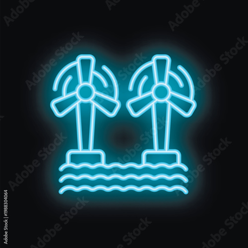Blue neon icon of two wind turbines generating electricity from the ocean