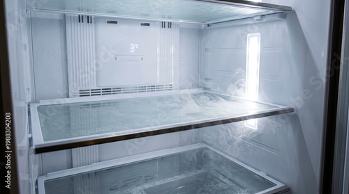 Empty refrigerator interior with cold mist and bright lighting