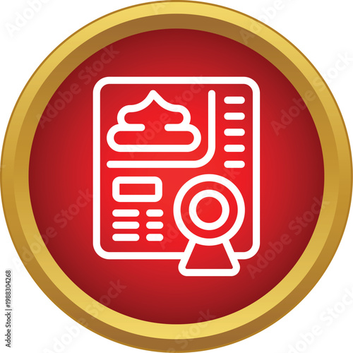 White outline diploma icon with a ribbon seal on a red circular button with a gold frame