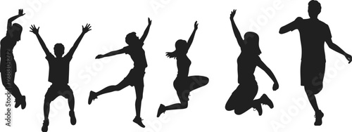 Collection of black silhouettes featuring happy young people jumping and celebrating in various energetic poses for youth lifestyle fitness and community success marketing projects.