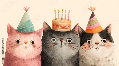 Three cats celebrate a birthday with colorful hats and a cake on a festive background in a cheerful setting