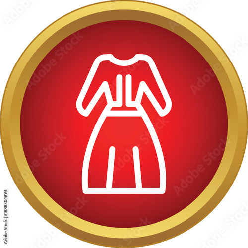 Elegant female garment silhouette in a circular red and gold flat icon design