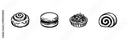 Sweet Pastry and Gourmet Dessert Collection with Hand-Drawn Ink Brush Strokes and Colorful Pastel Accents in Painterly Inkwash Style.