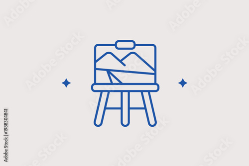 Art easel with canvas line icon for professional studio painting and art galleries. Creative Vector Illustration for artistic exhibition announcements and painting course branding.