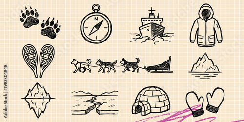 Black ink scribble doodle vector vintage hand drawn illustration of arctic winter expedition, dog sled, igloo, compass, and iceberg survival gear elements.