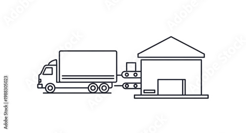 Truck unloading cargo at warehouse loading dock illustration.