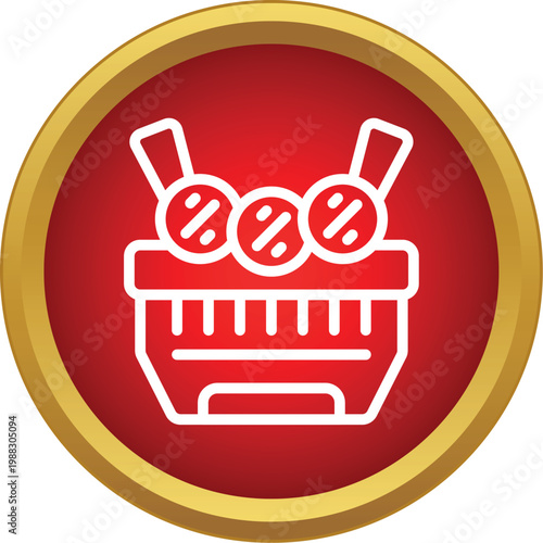 Shopping basket containing discount percentage tags, symbolizing retail sales and commerce