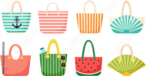 Summer Bag Set with Colorful Beach Tote Bags in Various Stripes and Fun Patterns in Flat Vector Style