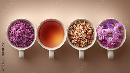 Dried flowers, herbal tea, and fresh petals in simple white cups  