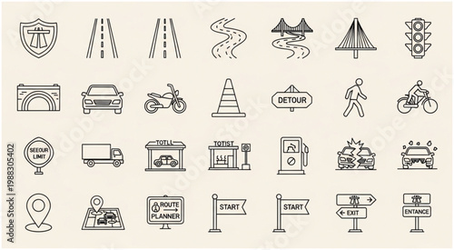 Collection of various road and transportation related line art icons for design.