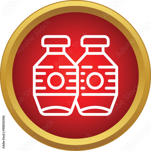 Two white line art soda bottles inside a bold red and gold circle